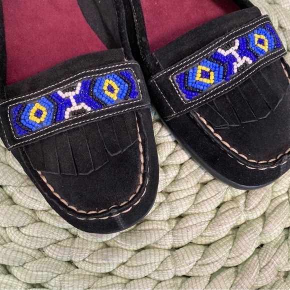 Aerosoles Mandolin Black Suede Fringe Beaded Slip On Moccasin Loafers NWOB - Picture 5 of 6
